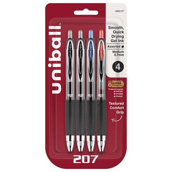 Uniball 207 Retractable Gel Ink Pen 0.7mm Fine 4/Pk Assorted Office School Home - Picture 1 of 5